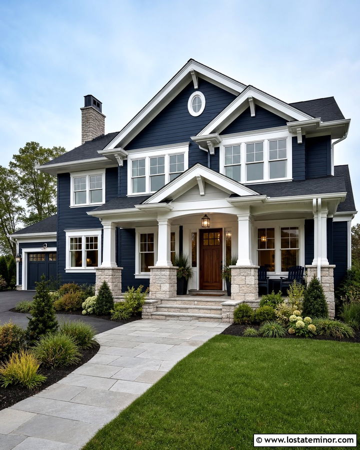 Navy Blue House With Light Stone And White Trim - 30 Navy Blue House Design With Trim Ideas