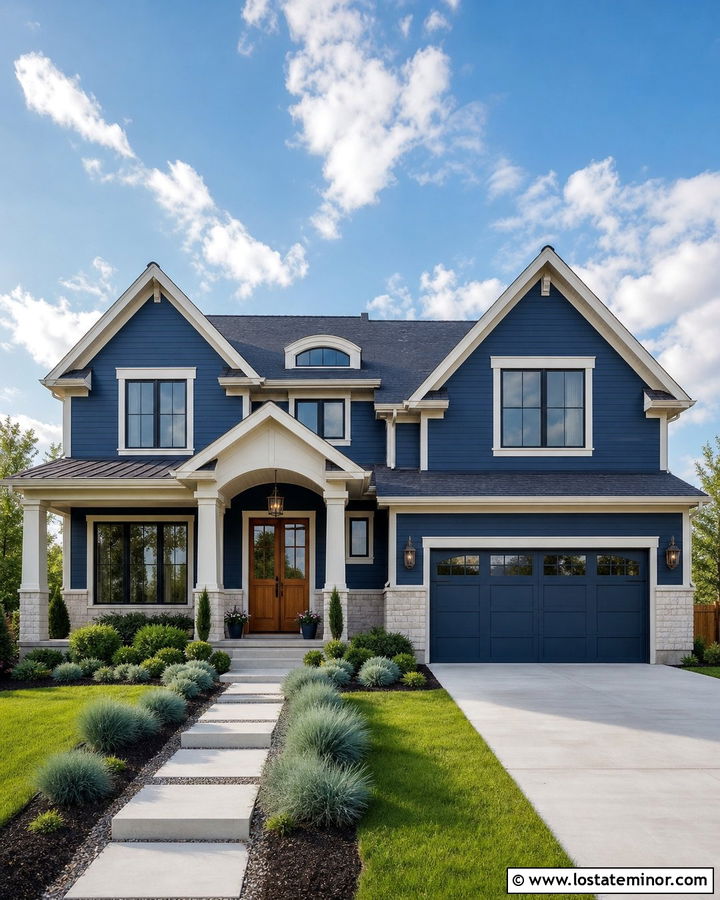 Navy Blue House With Light Stone Wainscoting - 30 Stone House Design With Wainscoting Ideas