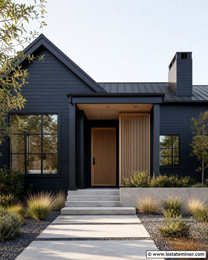 Navy Blue House With Light Wood Porch Ceiling - 30 Navy Blue House Design With Porch Ceiling Ideas