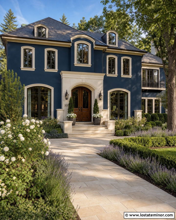 Navy Blue House With Limestone Walkway - 30 Navy Blue House Design With Walkway Ideas