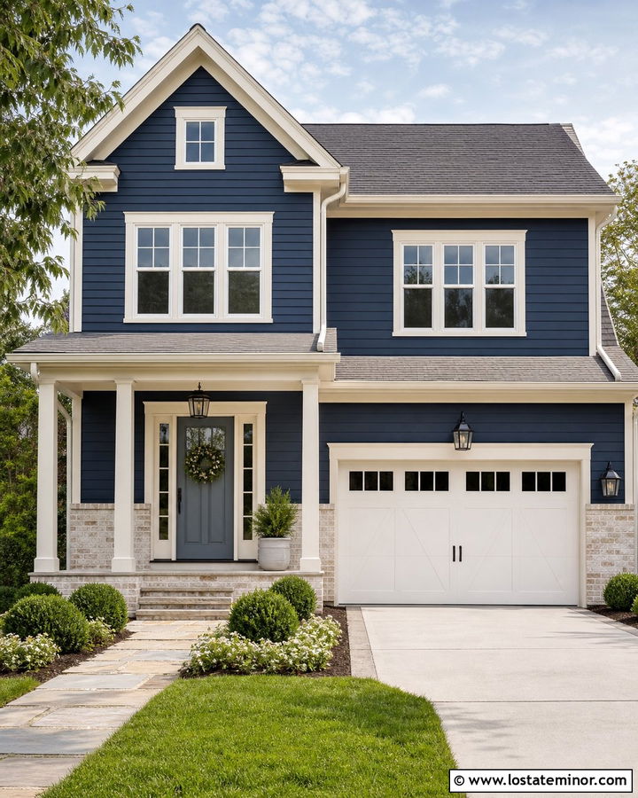 Navy Blue House With Limewashed Brick Wainscoting - 30 Navy Blue House Design With Wainscoting Ideas