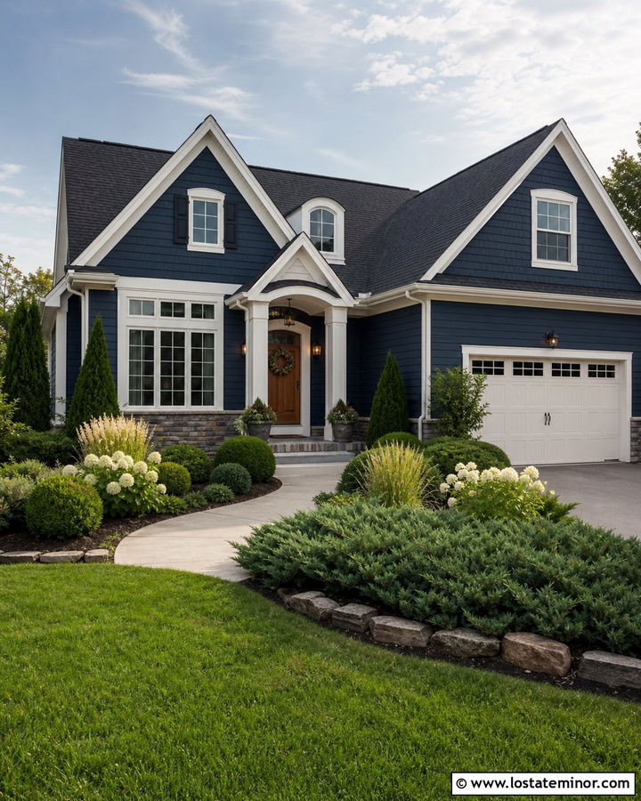 Navy Blue House With Low Maintenance Evergreen Landscaping - 30 Navy Blue House Design With Landscaping Ideas