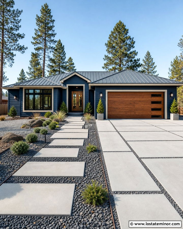 Navy Blue House With Low Maintenance Walkway - 30 Navy Blue House Design With Walkway Ideas