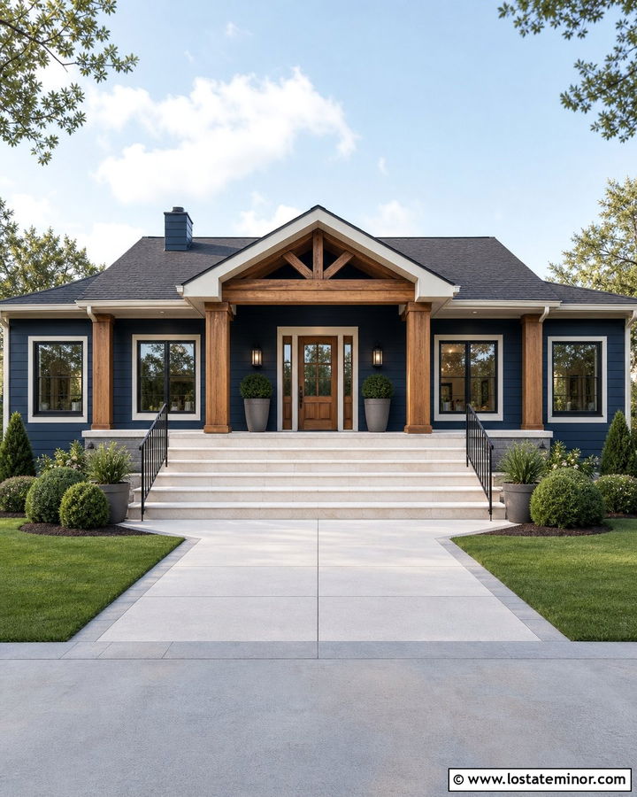 Navy Blue House With Low Wide Steps - 30 Navy Blue House Design With Steps Ideas