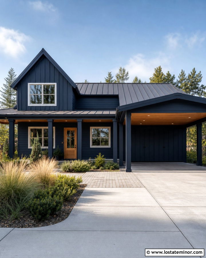 Navy Blue House With Matching Board And Batten Carport - 30 Navy Blue House Design With Carport Ideas