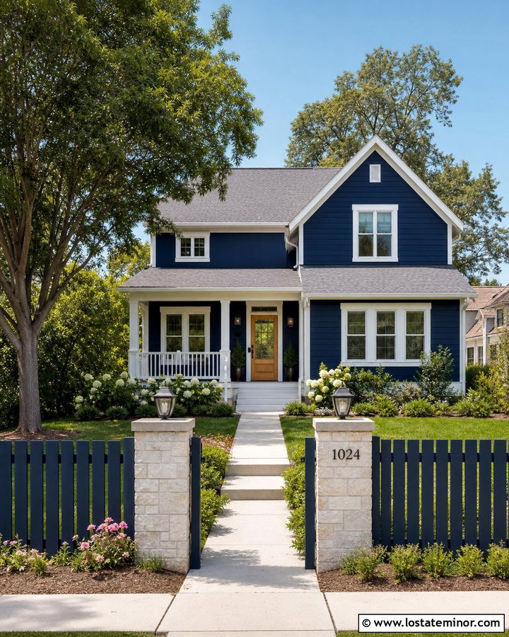 Navy Blue House With Matching Navy Fence - 30 Navy Blue House Design With Fence Ideas
