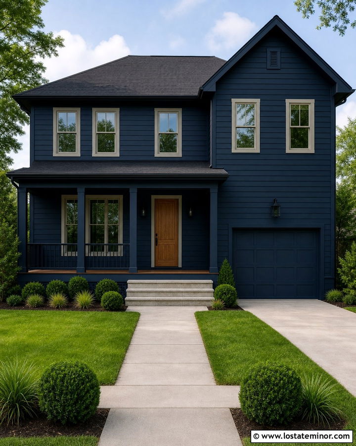 Navy Blue House With Matching Navy Railings - 30 Navy Blue House Design With Railings Ideas