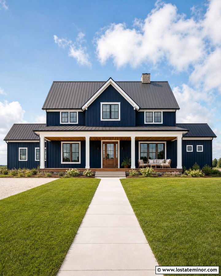 Navy Blue House With Metal Gable Roof - 30 Navy Blue House Design With Gables Ideas
