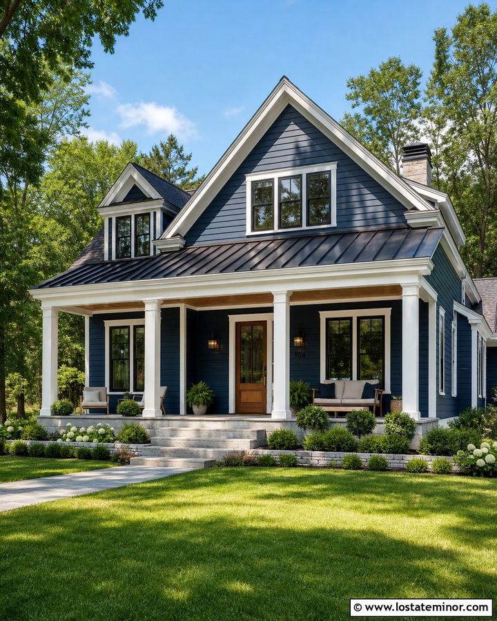 Navy Blue House With Metal Porch Roof - 30 Navy Blue House Design With Front Porch Ideas