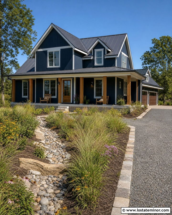 Navy Blue House With Metal Roof And Rain Garden - 30 Navy Blue House Design With Landscaping Ideas