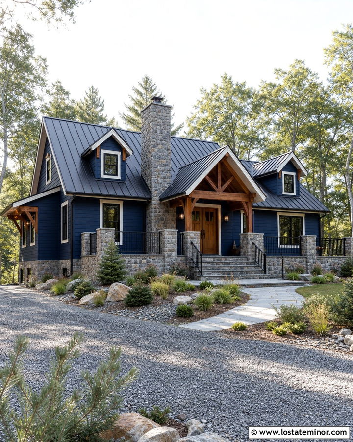 Navy Blue House With Metal Roof And Stone - 30 Navy Blue House Design With Stone Accents Ideas
