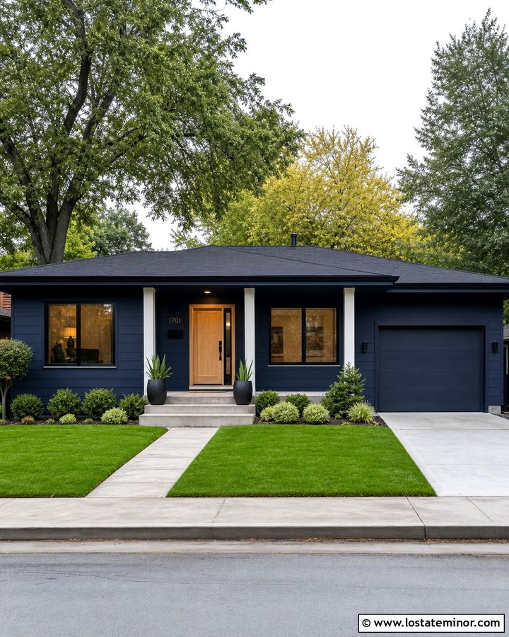 Navy Blue House With Minimal Square Columns - 30 Navy Blue House Design With Porch Columns Ideas