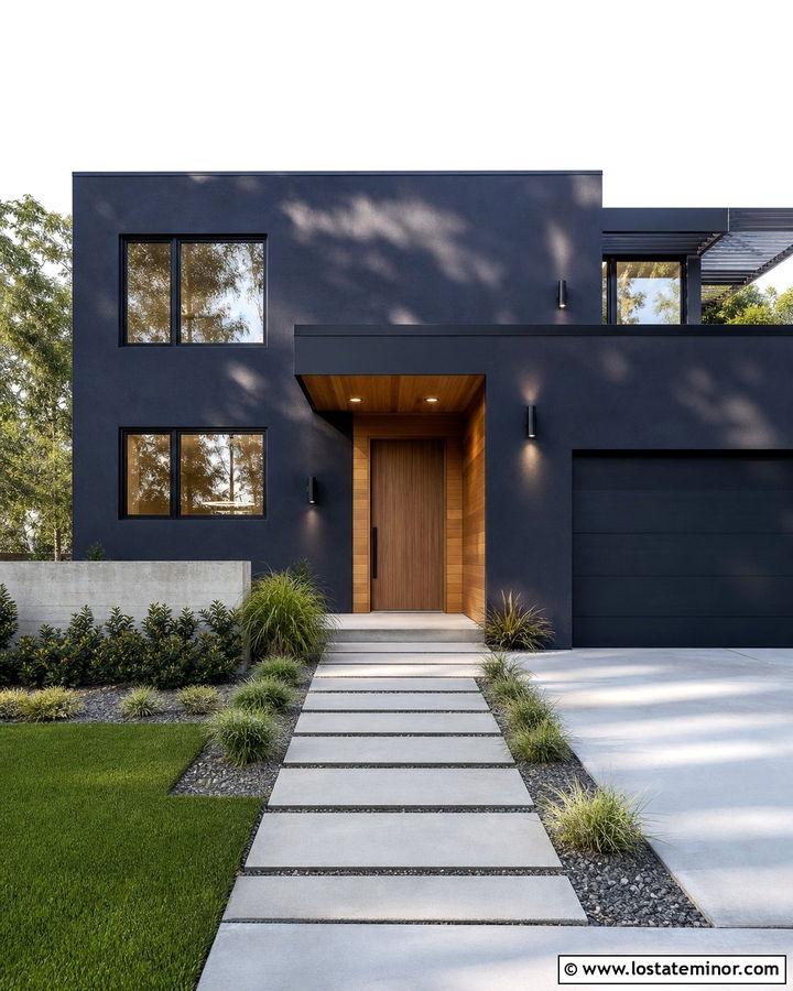Navy Blue House With Minimalist Cylinder Lights - 30 Navy Blue House Design With Lighting Ideas