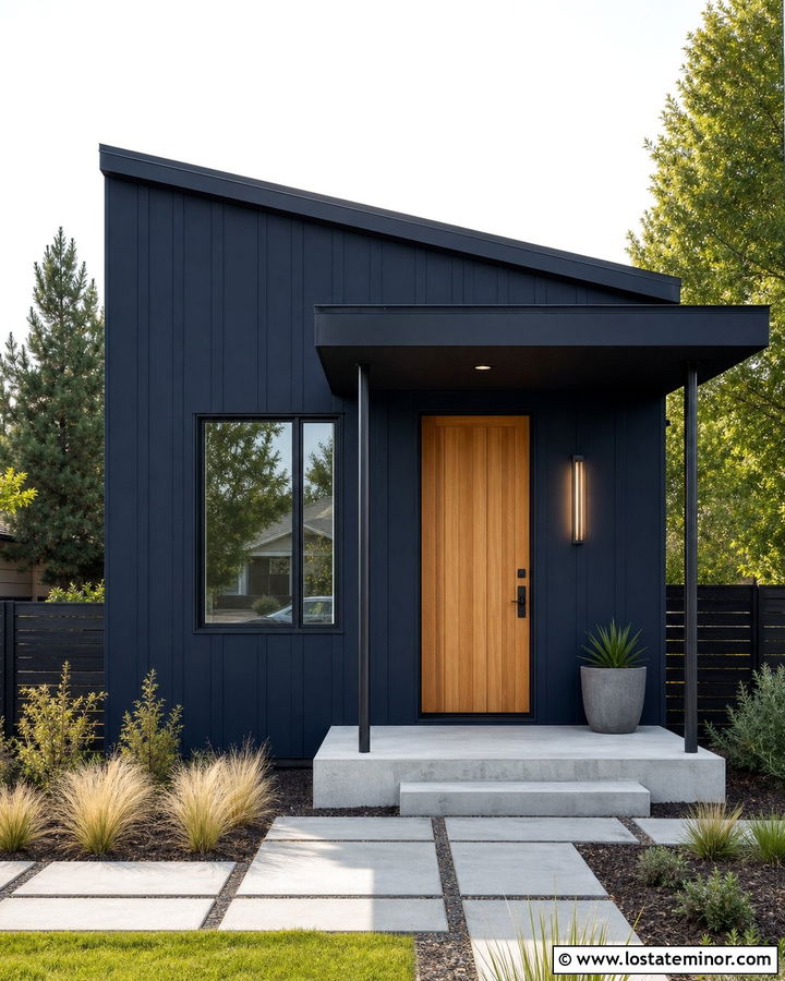Navy Blue House With Minimalist Front Porch - 30 Navy Blue House Design With Front Porch Ideas