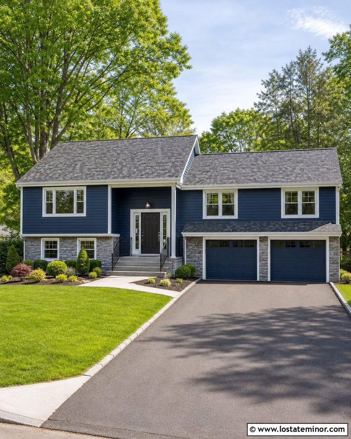 Navy Blue House With Mixed Gray Roof - 30 Navy Blue House Design With Roof Ideas