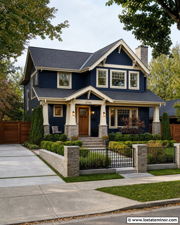 Navy Blue House With Mixed Material Fence - 30 Navy Blue House Design With Fence Ideas