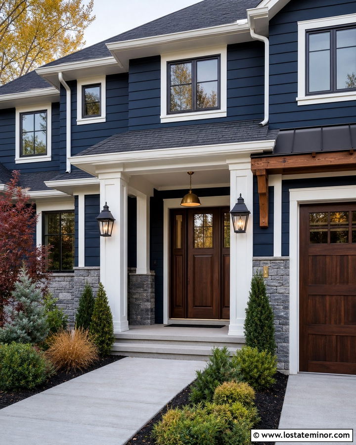 Navy Blue House With Mixed Metal Lights - 30 Navy Blue House Design With Light Fixtures Ideas