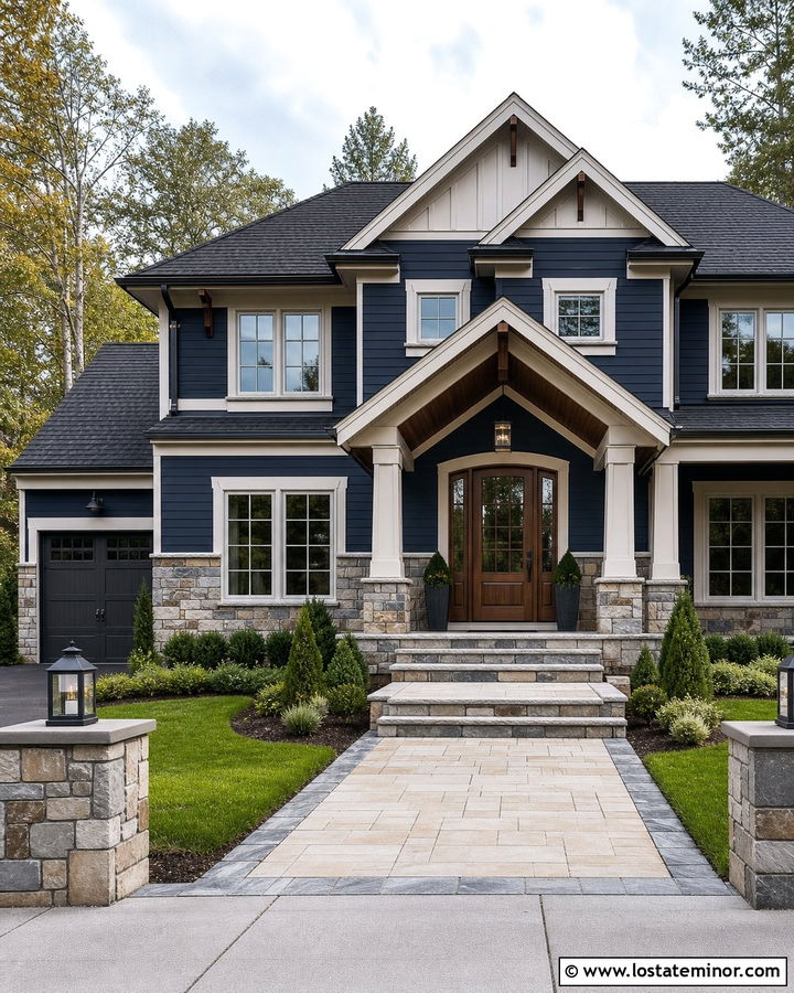 Navy Blue House With Mixed Stone Wainscoting - 30 Navy Blue House Design With Wainscoting Ideas