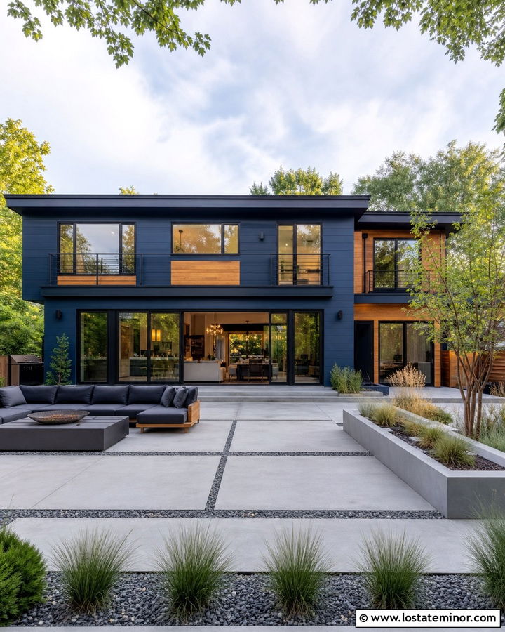 Navy Blue House With Modern Concrete Patio - 30 Navy Blue House Design With Backyard Ideas
