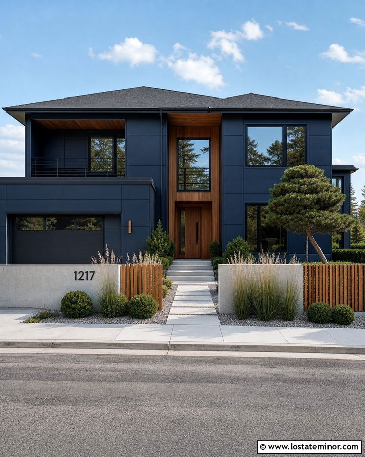 Navy Blue House With Modern Concrete Wall - 30 Navy Blue House Design With Fence Ideas