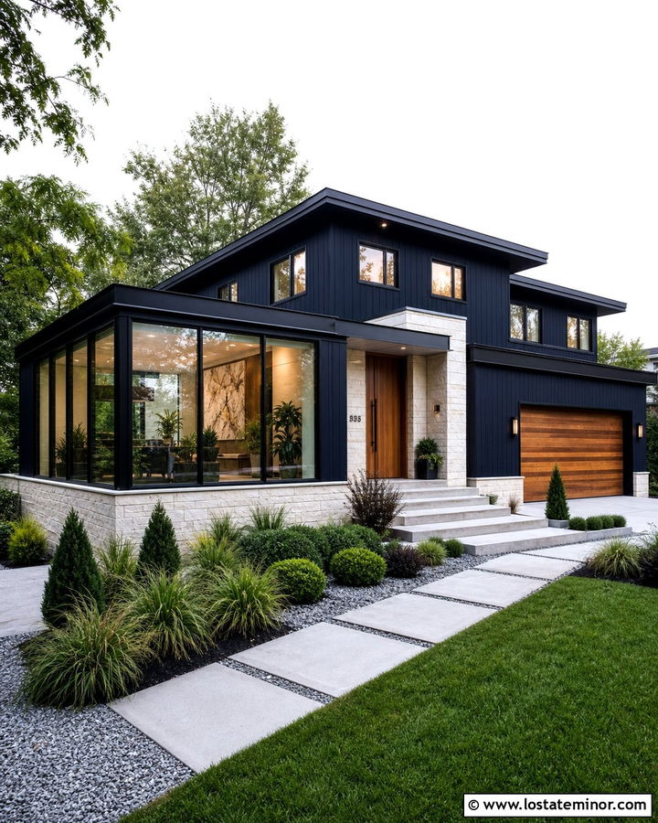 Navy Blue House With Modern Corner Sunroom - 30 Navy Blue House Design With Sunroom Ideas
