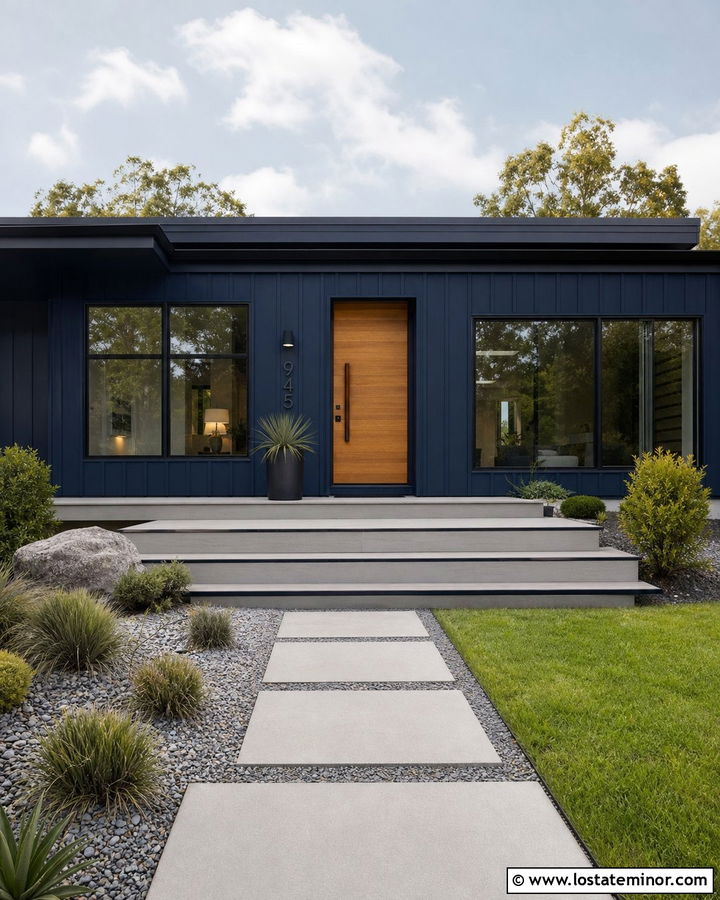 Navy Blue House With Modern Floating Deck - 30 Navy Blue House Design With Deck Ideas