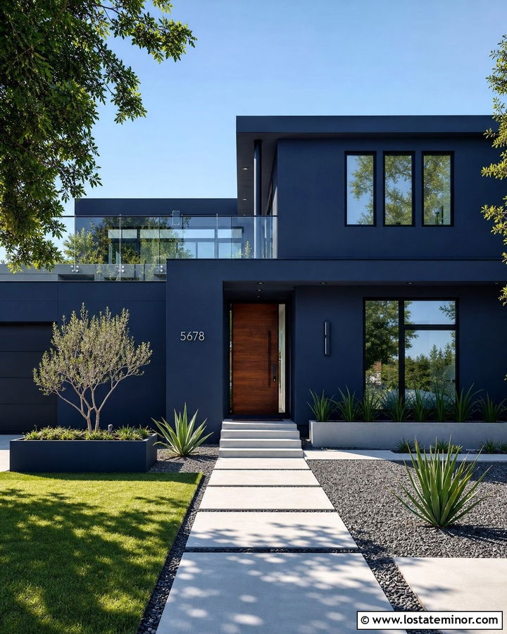 Navy Blue House With Modern Floating House Numbers - 30 Navy Blue House Design With House Numbers Ideas