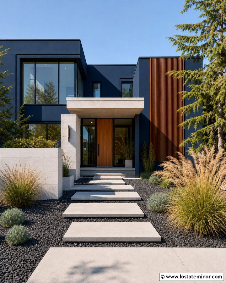 Navy Blue House With Modern Floating Walkway - 30 Navy Blue House Design With Walkway Ideas