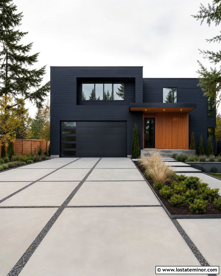 Navy Blue House With Modern Grid Driveway - 30 Navy Blue House Design With Driveway Ideas