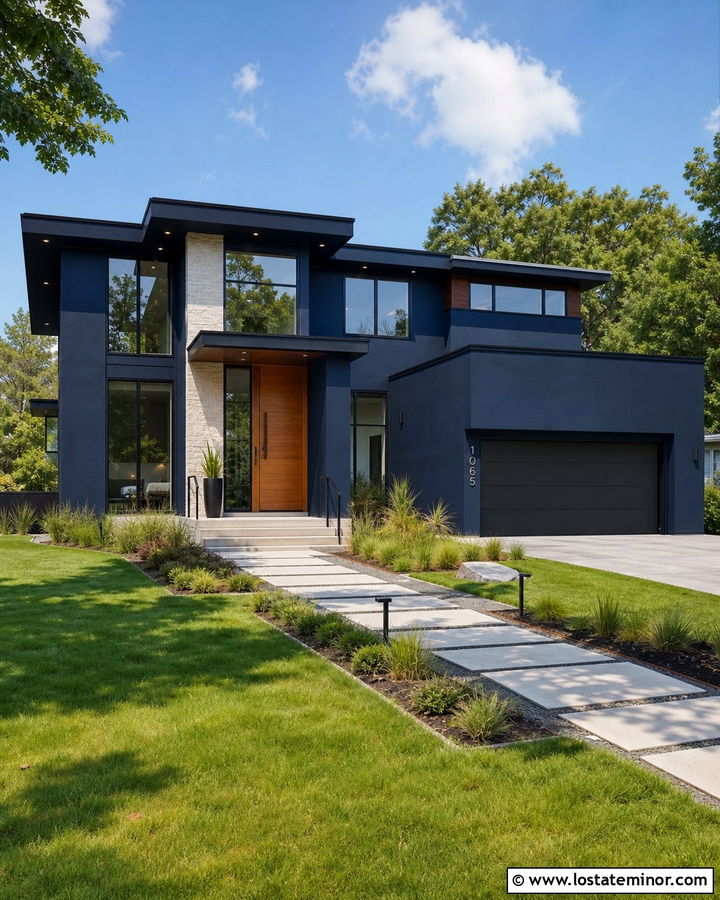 Navy Blue House With Modern Pivot Door - 30 Navy Blue House Design With Entry Door Ideas