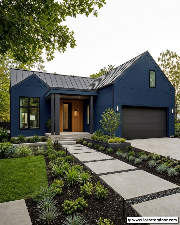 Navy Blue House With Modern Porch Columns - 30 Navy Blue House Design With Porch Columns Ideas
