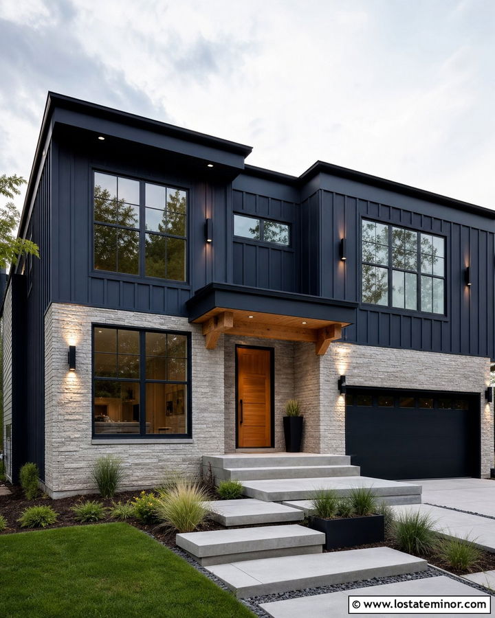 Navy Blue House With Modern Up And Down Lights - 30 Navy Blue House Design With Lighting Ideas