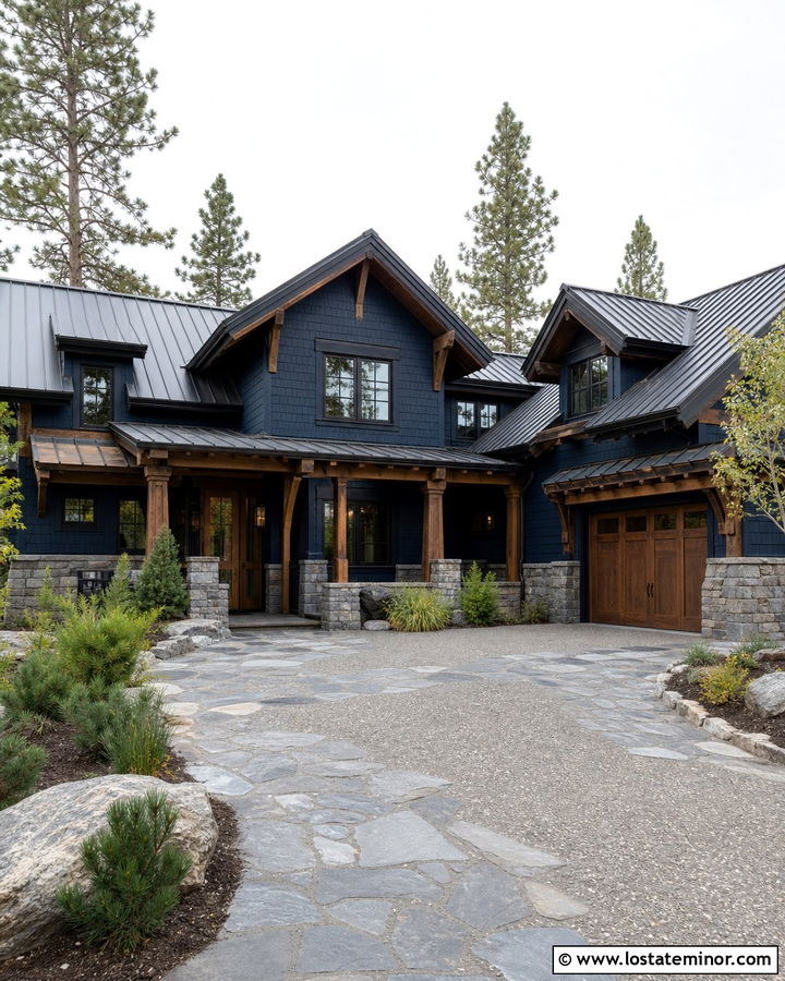 Navy Blue House With Mountain Stone Driveway - 30 Navy Blue House Design With Driveway Ideas