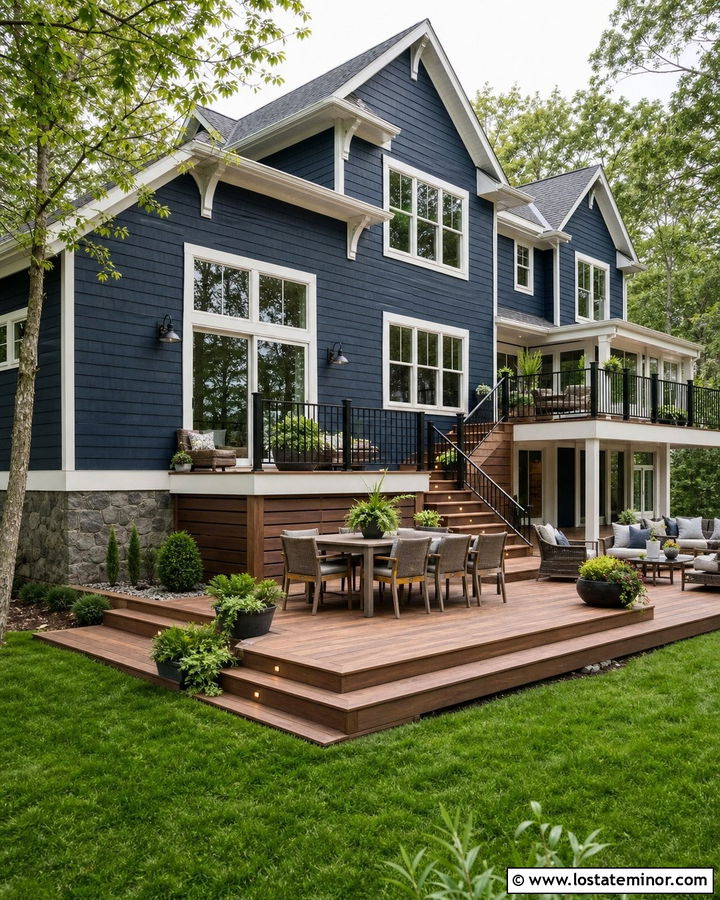 Navy Blue House With Multi Level Deck - 30 Navy Blue House Design With Backyard Ideas