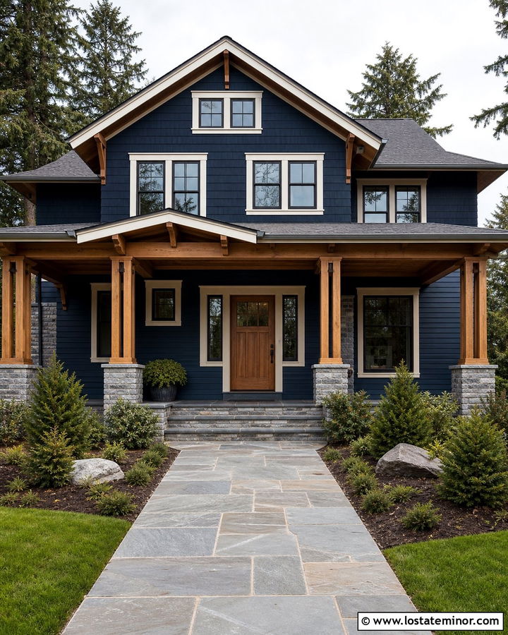 Navy Blue House With Natural Cedar Porch Ceiling - 30 Navy Blue House Design With Porch Ceiling Ideas