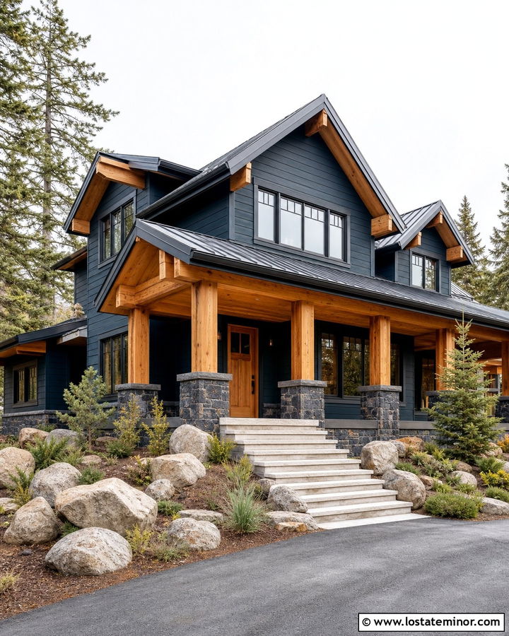 Navy Blue House With Natural Pine Porch Ceiling - 30 Navy Blue House Design With Porch Ceiling Ideas