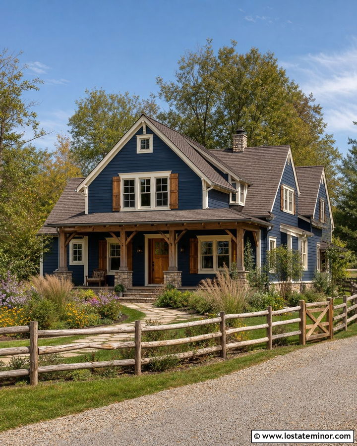 Navy Blue House With Natural Split Rail Fence - 30 Navy Blue House Design With Fence Ideas