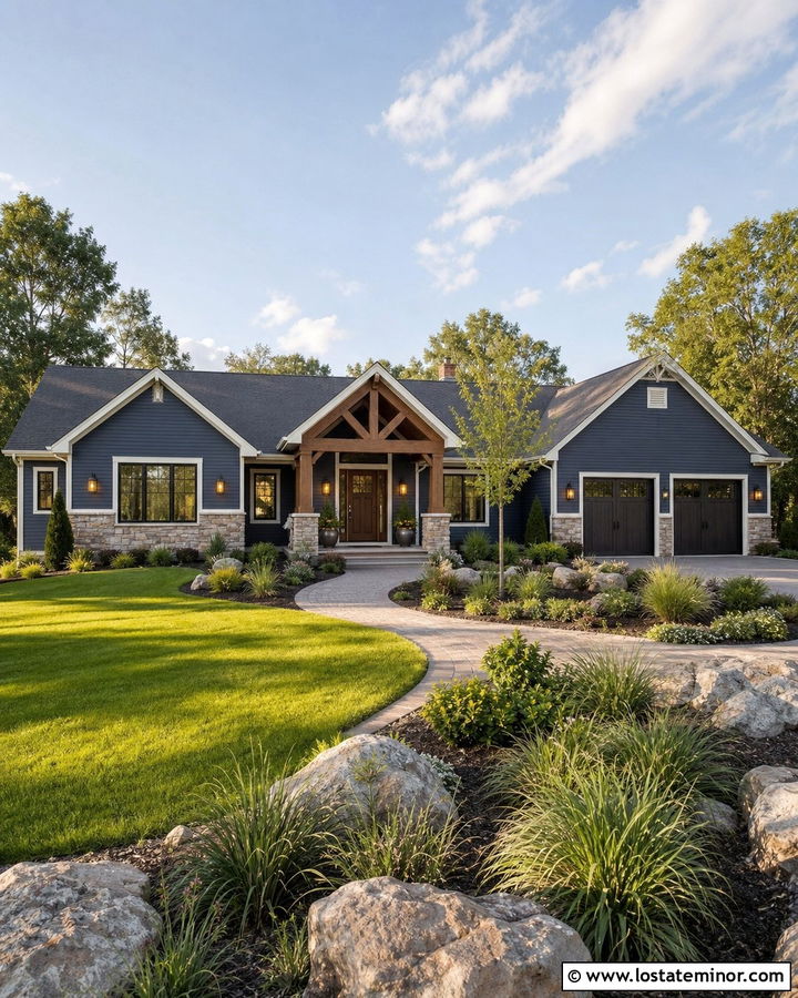 Navy Blue House With Natural Stone And Wood Columns - 30 Navy Blue House Design With Accents Ideas