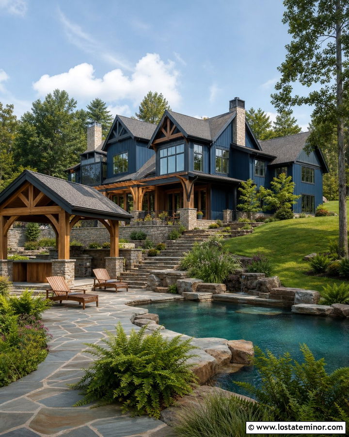 Navy Blue House With Natural Stone Pool - 30 Navy Blue House Design With Swimming Pool Ideas