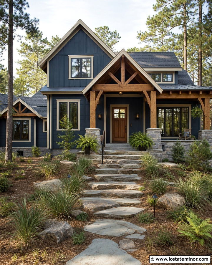 Navy Blue House With Natural Stone Steps - 30 Navy Blue House Design With Steps Ideas