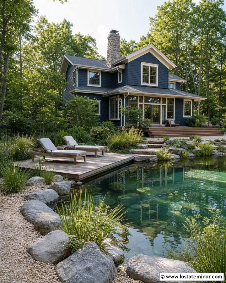 Navy Blue House With Natural Swimming Pool - 30 Navy Blue House Design With Backyard Ideas