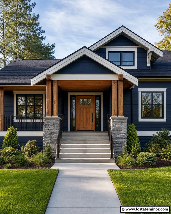 Navy Blue House With Natural Wood Columns - 30 Navy Blue House Design With Front Porch Ideas