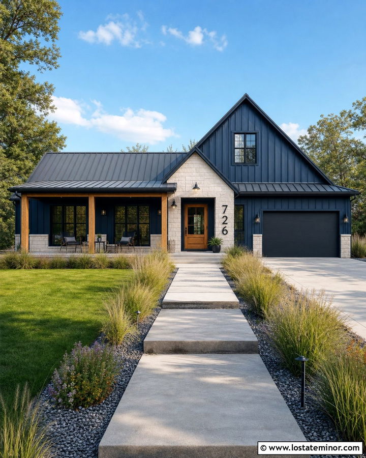 Navy Blue House With Natural Wood Door And Black Numbers - 30 Navy Blue House Design With House Numbers Ideas
