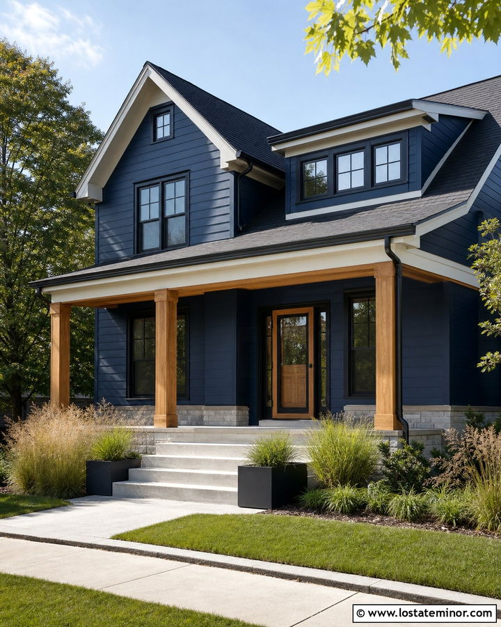 Navy Blue House With Natural Wood Door And Black Storm Door - 30 Navy Blue House Design With Storm Door Ideas