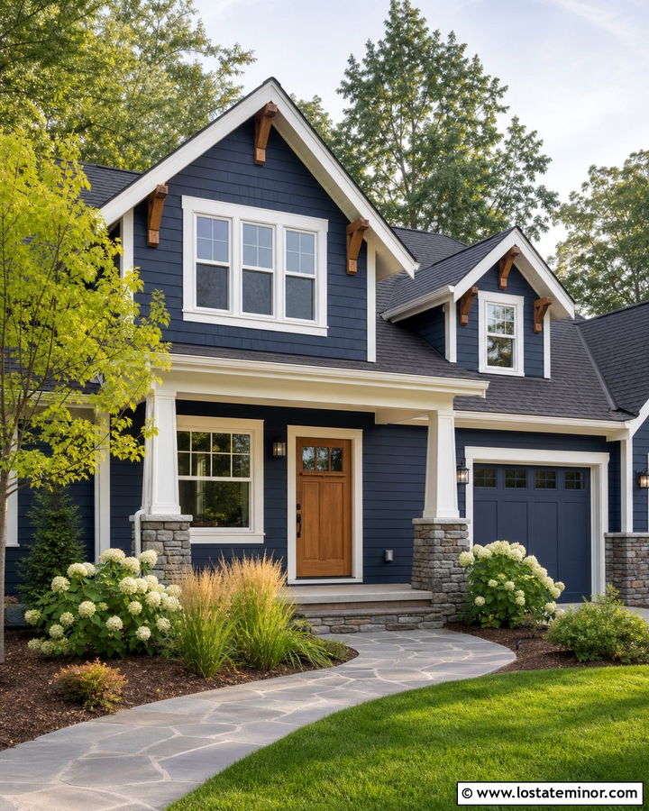 Navy Blue House With Natural Wood Front Door - 30 Navy Blue House Design With Front Door Ideas