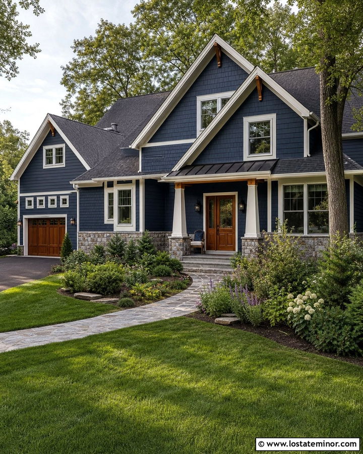 Navy Blue House With Natural Wood Front Door - 30 Navy Blue House Design With Entry Door Ideas