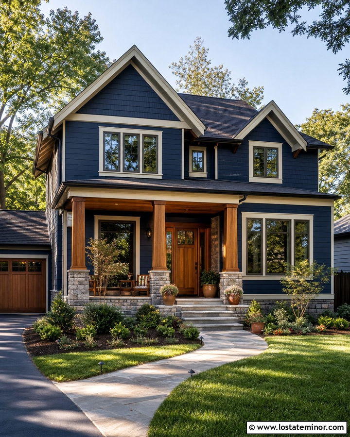 Navy Blue House With Natural Wood Porch Columns - 30 Navy Blue House Design With Porch Columns Ideas