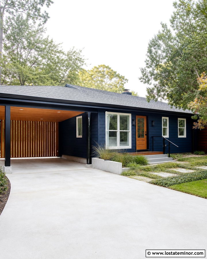 Navy Blue House With Natural Wood Slat Carport - 30 Navy Blue House Design With Carport Ideas