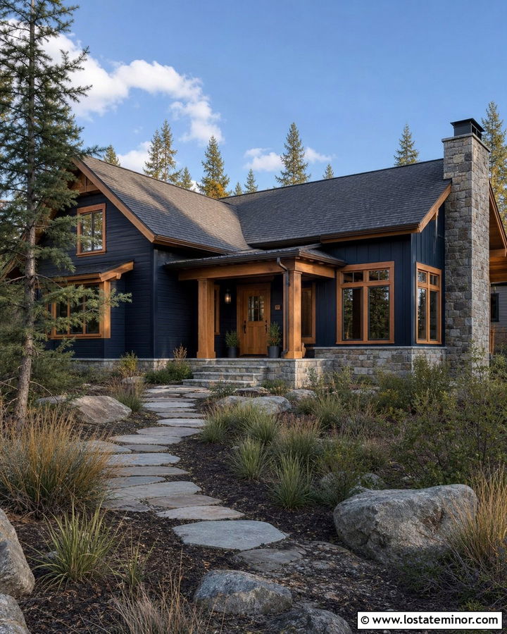 Navy Blue House With Natural Wood Window Frames - 30 Navy Blue House Design With Window Frames Ideas