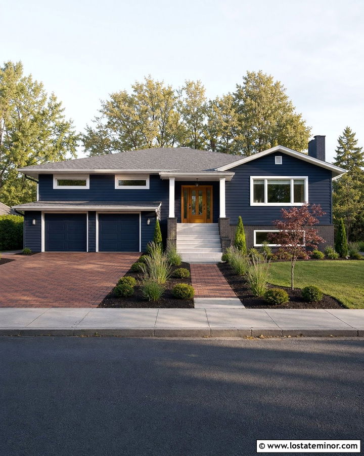 Navy Blue House With Navy Garage Door And Brick Driveway - 30 Navy Blue House Design With Driveway Ideas